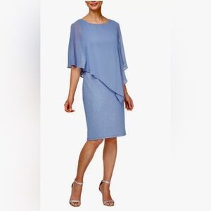 SLNY Short Sheath Dress with Asymmetric Overlay Bodice in Blue